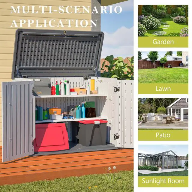 Alt view image 3 of 7 - Horizontal Storage Shed with Removable Shelf, Large Lockable Outdoor Storage Cabinet, Weather-Resistant HDPE Plastic Storage Unit for Backyard, Patio, Garden 28 Cu.ft, Ivory White