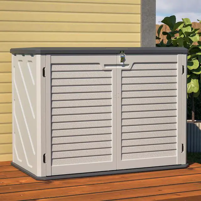 Alt view image 7 of 7 - Horizontal Storage Shed with Removable Shelf, Large Lockable Outdoor Storage Cabinet, Weather-Resistant HDPE Plastic Storage Unit for Backyard, Patio, Garden 28 Cu.ft, Ivory White