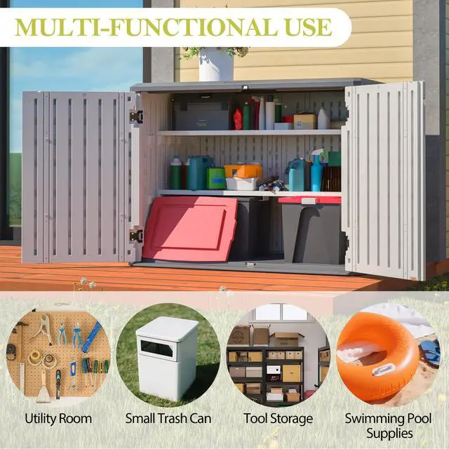 Alt view image 4 of 7 - Horizontal Storage Shed with Removable Shelf, Large Lockable Outdoor Storage Cabinet, Weather-Resistant HDPE Plastic Storage Unit for Backyard, Patio, Garden 28 Cu.ft, Ivory White