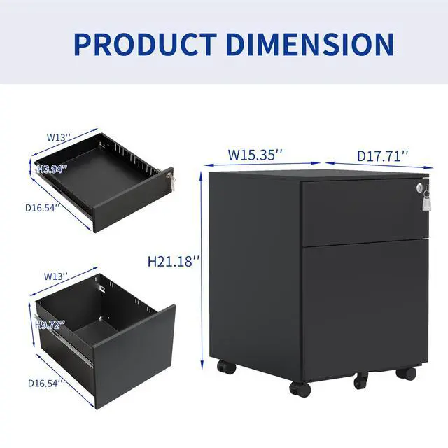 Alt view image 3 of 6 - YOSEZON 2 Drawer Mobile File Cabinet with Lock Steel File Cabinet for Legal/Letter/A4/F4 Size, Fully Assembled except for Wheels, Home/ Office Design, Black