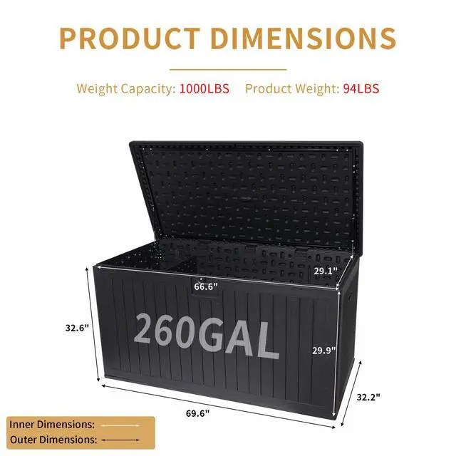 Alt view image 3 of 7 - 260 Gallon Resin Outdoor Deck Box Waterproof, Extra Large Patio Storage Box with Lockable Storage Containers for Patio Furniture Cushions, Pool Accessories, Garden Tools