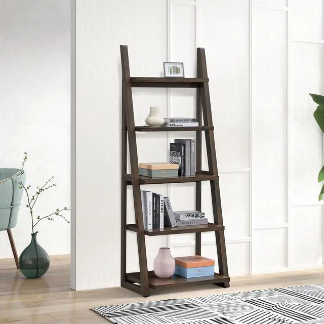 Main image of 5-Tier Shelves,Bookshelf, Storage Rack, Bookcase with Rubber Wood Frame, Ladder Shelf for Living Room, Home Office, Kitchen, Bedroom, Apartment ,Rustic Brown