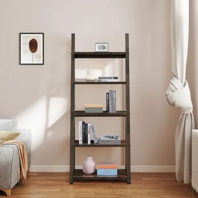 Alt view image 5 of 7 - 5-Tier Shelves,Bookshelf, Storage Rack, Bookcase with Rubber Wood Frame, Ladder Shelf for Living Room, Home Office, Kitchen, Bedroom, Apartment ,Rustic Brown