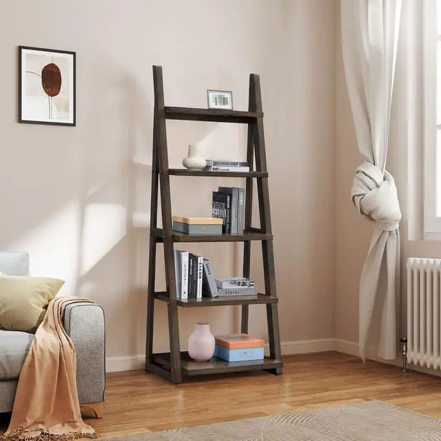 Alt view image 4 of 7 - 5-Tier Shelves,Bookshelf, Storage Rack, Bookcase with Rubber Wood Frame, Ladder Shelf for Living Room, Home Office, Kitchen, Bedroom, Apartment ,Rustic Brown
