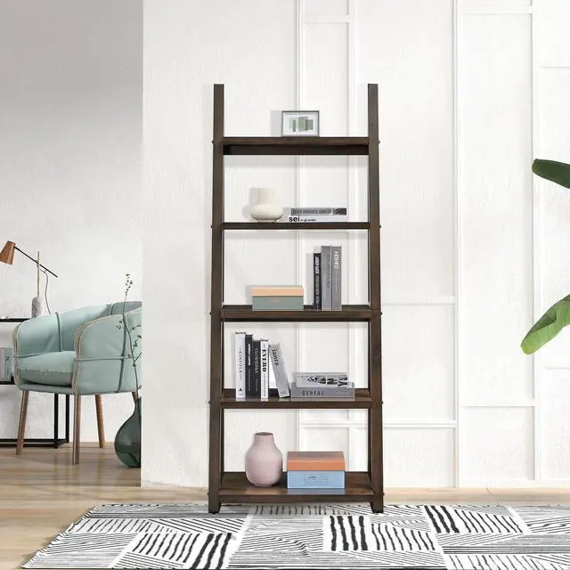Alt view image 6 of 7 - 5-Tier Shelves,Bookshelf, Storage Rack, Bookcase with Rubber Wood Frame, Ladder Shelf for Living Room, Home Office, Kitchen, Bedroom, Apartment ,Rustic Brown