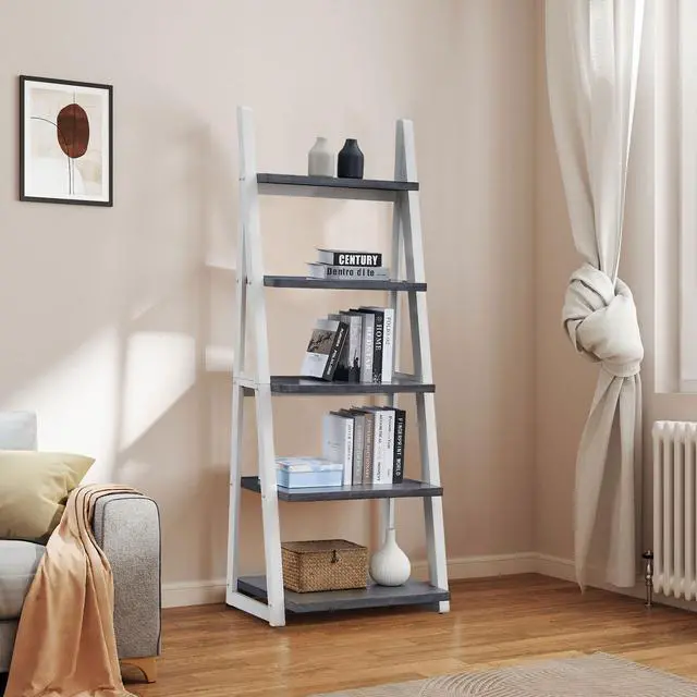 Main image of 5-Tier Shelves,Bookshelf, Storage Rack, Bookcase with Rubber Wood Frame, Ladder Shelf for Living Room, Home Office, Kitchen, Bedroom, Apartment