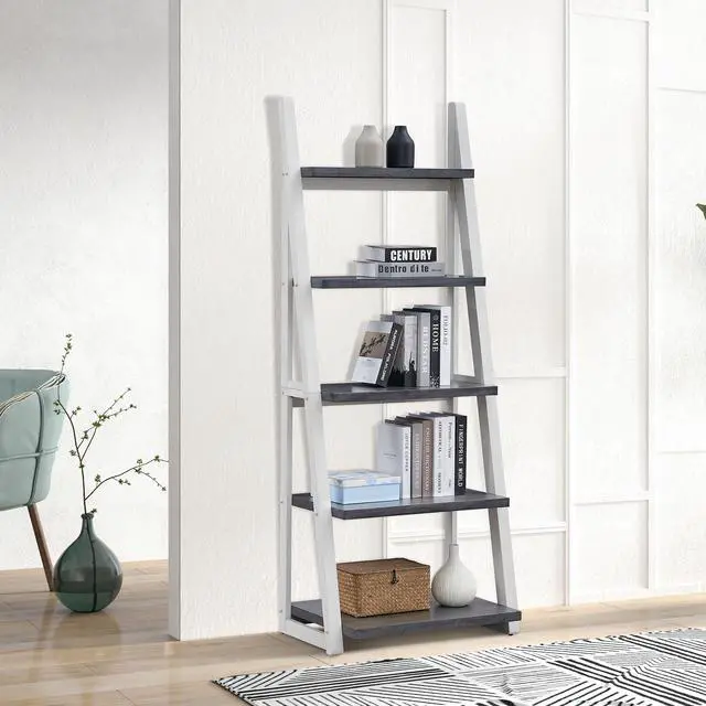 Alt view image 5 of 7 - 5-Tier Shelves,Bookshelf, Storage Rack, Bookcase with Rubber Wood Frame, Ladder Shelf for Living Room, Home Office, Kitchen, Bedroom, Apartment