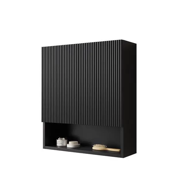 Alt view image 3 of 7 - TOBI 26" Wall-Mounted Striped Bathroom Cabinet, with Doors, Shelf and Open Storage Compartment Over The Toilet Storage Cabinet for Bathroom, Kitchen, Laundry Room, Black Color
