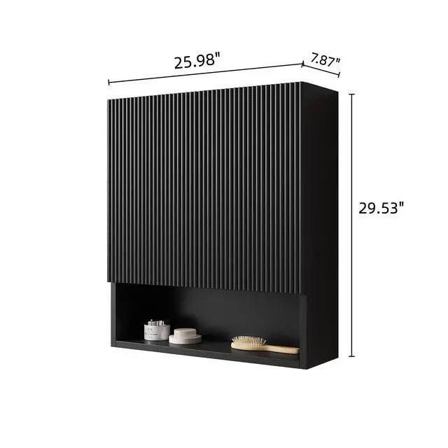 Alt view image 5 of 7 - TOBI 26" Wall-Mounted Striped Bathroom Cabinet, with Doors, Shelf and Open Storage Compartment Over The Toilet Storage Cabinet for Bathroom, Kitchen, Laundry Room, Black Color