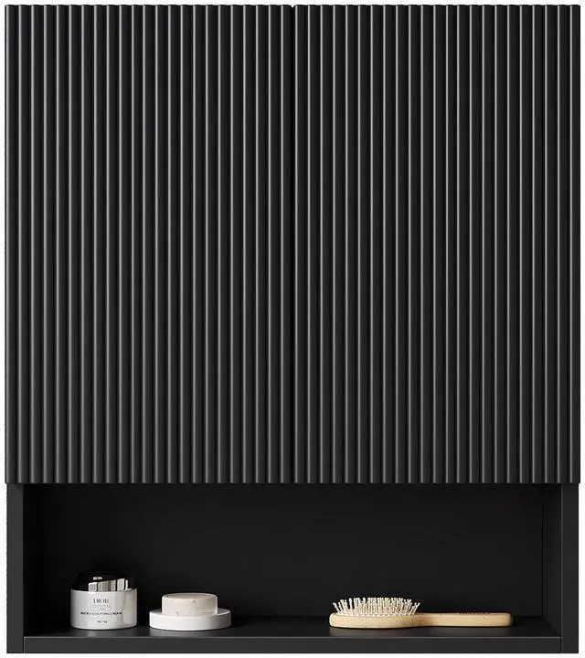 Main image of TOBI 26" Wall-Mounted Striped Bathroom Cabinet, with Doors, Shelf and Open Storage Compartment Over The Toilet Storage Cabinet for Bathroom, Kitchen, Laundry Room, Black Color