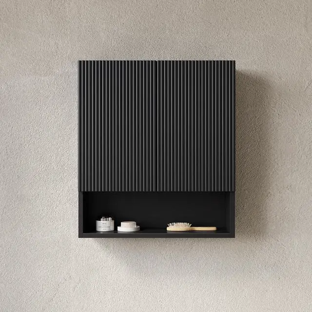 Alt view image 4 of 7 - TOBI 26" Wall-Mounted Striped Bathroom Cabinet, with Doors, Shelf and Open Storage Compartment Over The Toilet Storage Cabinet for Bathroom, Kitchen, Laundry Room, Black Color