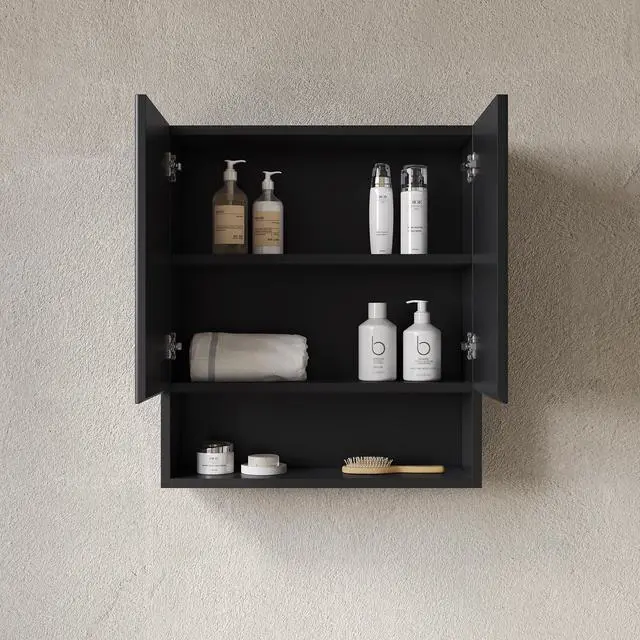 Alt view image 2 of 7 - TOBI 26" Wall-Mounted Striped Bathroom Cabinet, with Doors, Shelf and Open Storage Compartment Over The Toilet Storage Cabinet for Bathroom, Kitchen, Laundry Room, Black Color