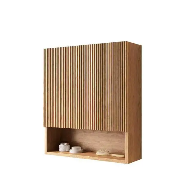 Alt view image 3 of 7 - TOBI 26" Wall-Mounted Striped Bathroom Cabinet, with Doors, Shelf and Open Storage Compartment Over The Toilet Storage Cabinet for Bathroom, Kitchen, Laundry Room, Natural Woodgrain Color