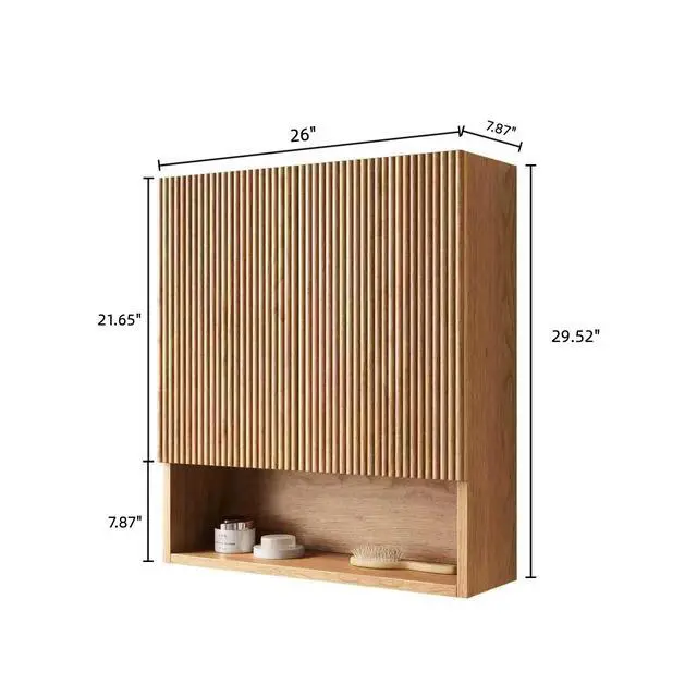 Alt view image 5 of 7 - TOBI 26" Wall-Mounted Striped Bathroom Cabinet, with Doors, Shelf and Open Storage Compartment Over The Toilet Storage Cabinet for Bathroom, Kitchen, Laundry Room, Natural Woodgrain Color