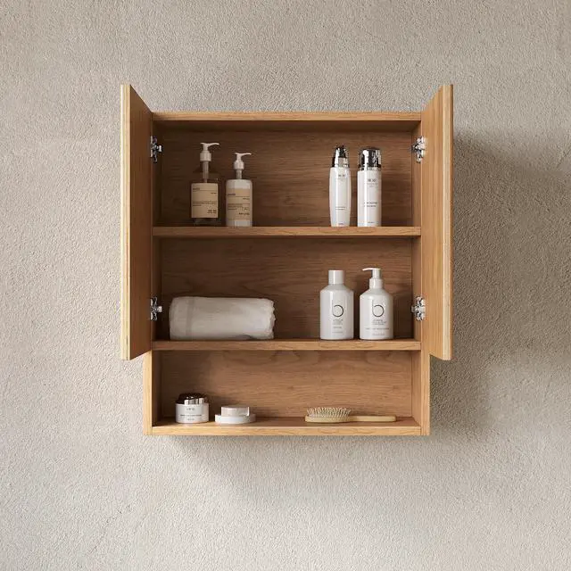 Alt view image 2 of 7 - TOBI 26" Wall-Mounted Striped Bathroom Cabinet, with Doors, Shelf and Open Storage Compartment Over The Toilet Storage Cabinet for Bathroom, Kitchen, Laundry Room, Natural Woodgrain Color