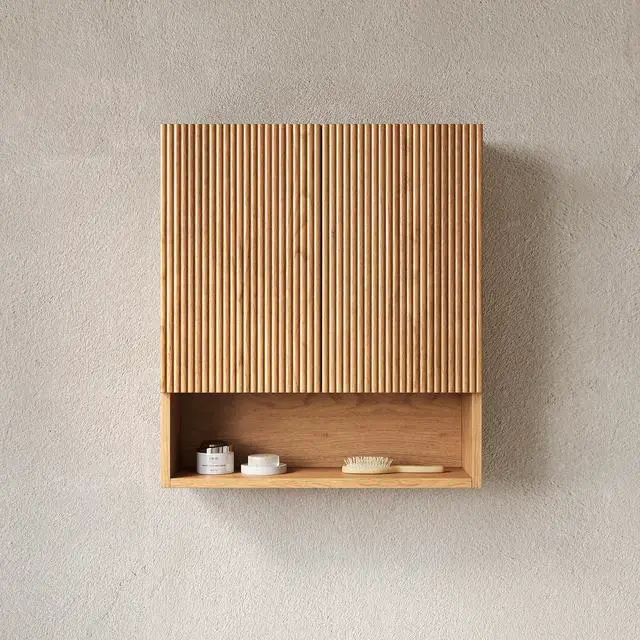 Alt view image 4 of 7 - TOBI 26" Wall-Mounted Striped Bathroom Cabinet, with Doors, Shelf and Open Storage Compartment Over The Toilet Storage Cabinet for Bathroom, Kitchen, Laundry Room, Natural Woodgrain Color