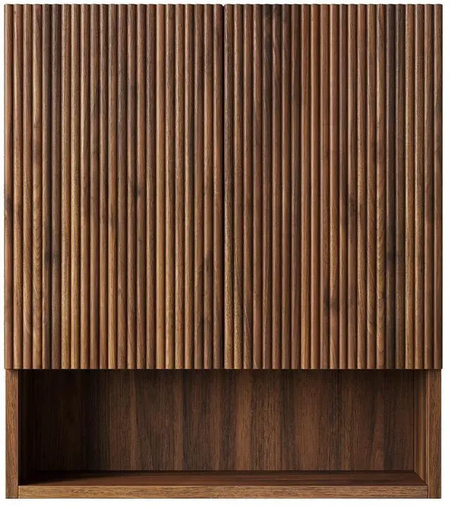 Main image of TOBI 26" Wall-Mounted Striped Bathroom Cabinet, with Doors, Shelf and Open Storage Compartment Over The Toilet Storage Cabinet for Bathroom, Kitchen, Laundry Room, Drak Walnut Woodgrain Color
