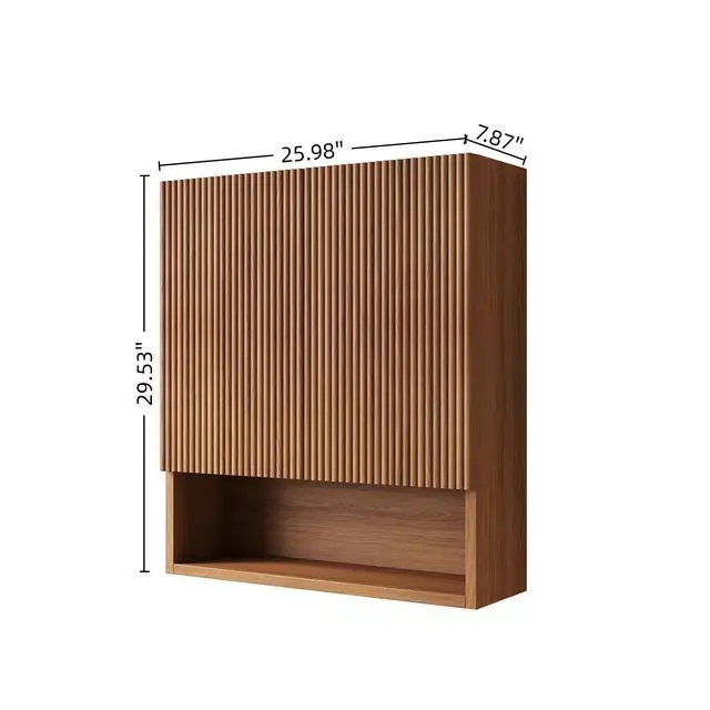 Alt view image 5 of 7 - TOBI 26" Wall-Mounted Striped Bathroom Cabinet, with Doors, Shelf and Open Storage Compartment Over The Toilet Storage Cabinet for Bathroom, Kitchen, Laundry Room, Brown Oak Woodgrain Color