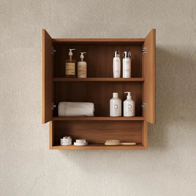 Alt view image 2 of 7 - TOBI 26" Wall-Mounted Striped Bathroom Cabinet, with Doors, Shelf and Open Storage Compartment Over The Toilet Storage Cabinet for Bathroom, Kitchen, Laundry Room, Brown Oak Woodgrain Color