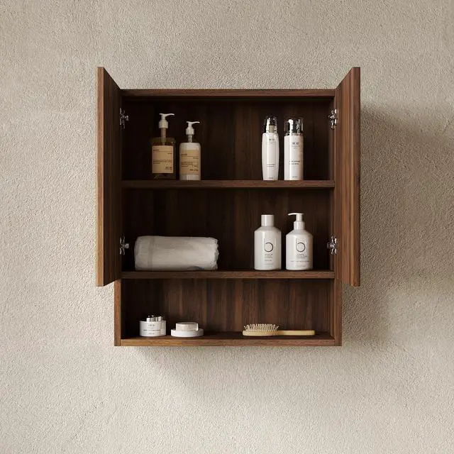 Alt view image 2 of 7 - TOBI 26" Wall-Mounted Striped Bathroom Cabinet, with Doors, Shelf and Open Storage Compartment Over The Toilet Storage Cabinet for Bathroom, Kitchen, Laundry Room, Drak Walnut Woodgrain Color