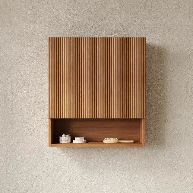 Alt view image 4 of 7 - TOBI 26" Wall-Mounted Striped Bathroom Cabinet, with Doors, Shelf and Open Storage Compartment Over The Toilet Storage Cabinet for Bathroom, Kitchen, Laundry Room, Brown Oak Woodgrain Color
