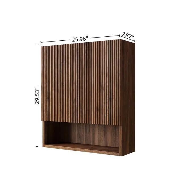Alt view image 5 of 7 - TOBI 26" Wall-Mounted Striped Bathroom Cabinet, with Doors, Shelf and Open Storage Compartment Over The Toilet Storage Cabinet for Bathroom, Kitchen, Laundry Room, Drak Walnut Woodgrain Color