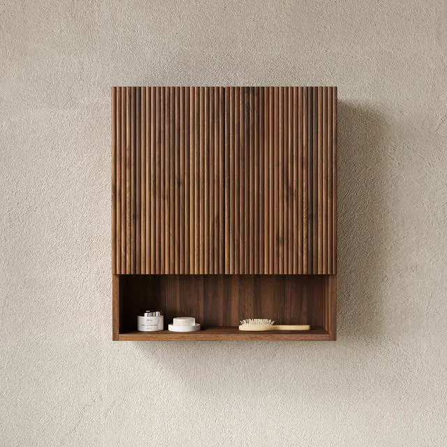 Alt view image 4 of 7 - TOBI 26" Wall-Mounted Striped Bathroom Cabinet, with Doors, Shelf and Open Storage Compartment Over The Toilet Storage Cabinet for Bathroom, Kitchen, Laundry Room, Drak Walnut Woodgrain Color