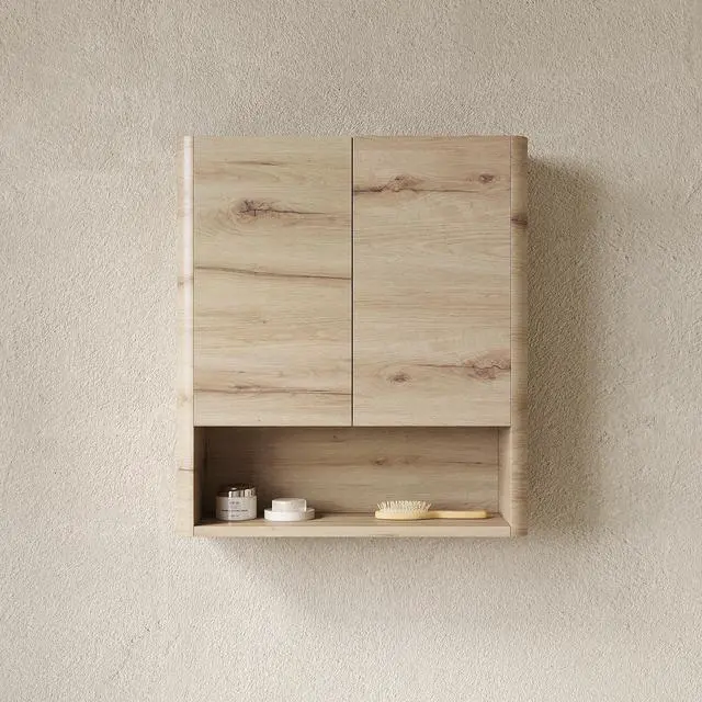 Alt view image 4 of 5 - ZUNO 26" Wall-Mounted Bathroom Cabinet, with Doors, Shelf and Open Storage Compartment Over The Toilet Storage Cabinet for Bathroom, Kitchen, Laundry Room, White Oak Woodgrain Color Finish
