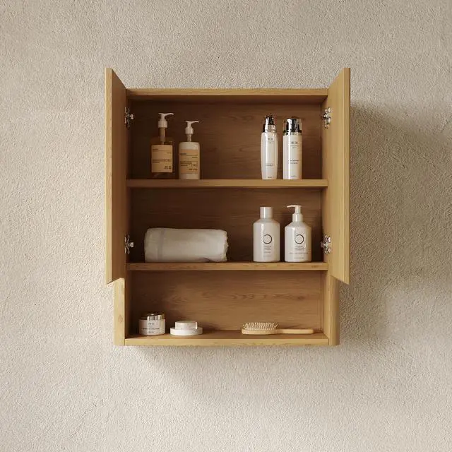 Alt view image 2 of 5 - ZULA 26" Wall-Mounted Striped Bathroom Cabinet, with Doors, Shelf and Open Storage Compartment Over The Toilet Storage Cabinet for Bathroom, Kitchen, Laundry Room, Corolla Oak Woodgrain Color Finish