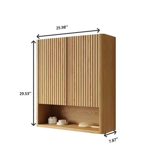 Alt view image 5 of 5 - ZULA 26" Wall-Mounted Striped Bathroom Cabinet, with Doors, Shelf and Open Storage Compartment Over The Toilet Storage Cabinet for Bathroom, Kitchen, Laundry Room, Corolla Oak Woodgrain Color Finish
