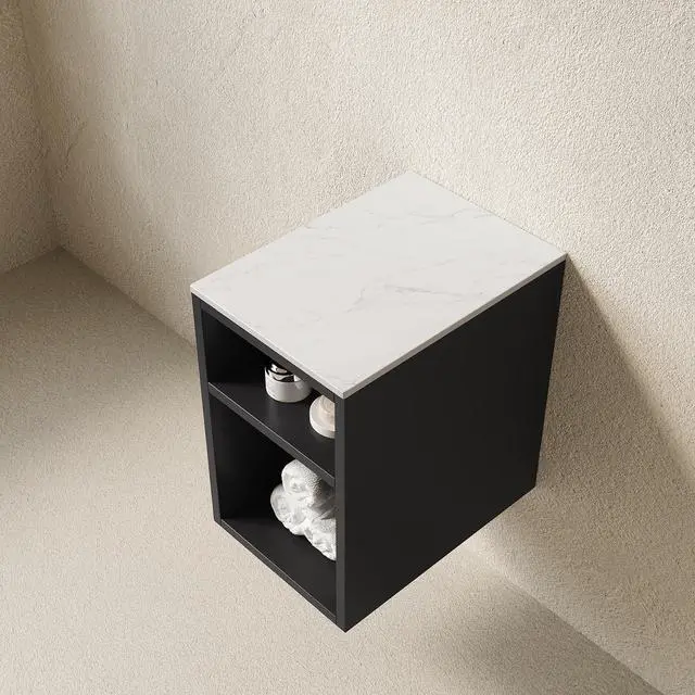 Alt view image 2 of 5 - TIA 12" Bathroom Wall Mounted Narrow Storage Cabinet with 2 Open Shelves and Carrara White Countertop, Suitable for Small Spaces, Applicable to Bathroom, Living Rooms and Laundry, Black Color