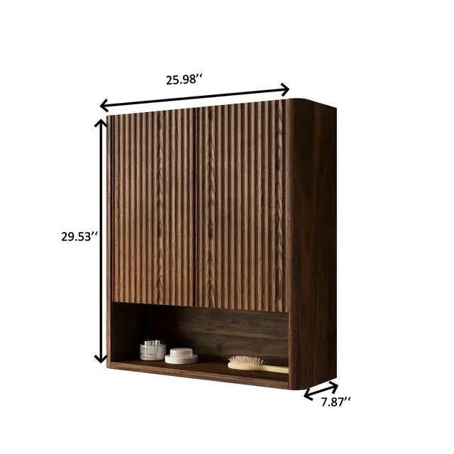 Alt view image 5 of 5 - ZULA 26" Wall-Mounted Striped Bathroom Cabinet, with Doors, Shelf and Open Storage Compartment Over The Toilet Storage Cabinet for Bathroom, Kitchen, Laundry Room, Dark Walnut Woodgrain Color Finish