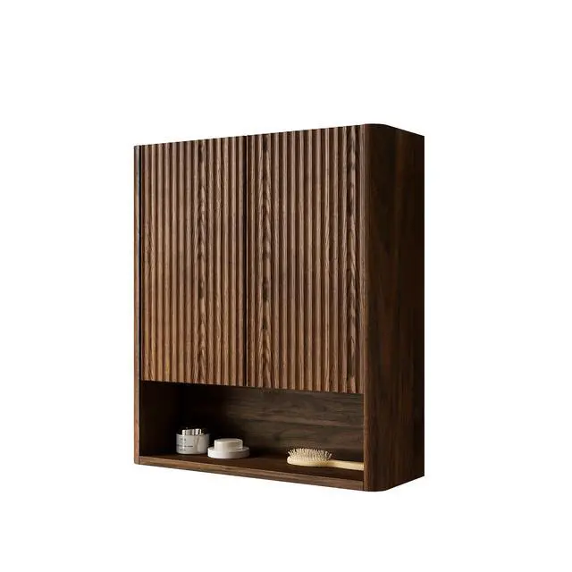 Alt view image 3 of 5 - ZULA 26" Wall-Mounted Striped Bathroom Cabinet, with Doors, Shelf and Open Storage Compartment Over The Toilet Storage Cabinet for Bathroom, Kitchen, Laundry Room, Dark Walnut Woodgrain Color Finish