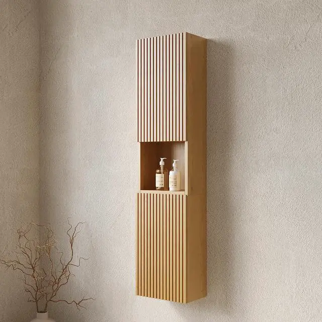 Alt view image 2 of 7 - MITCH 59" Tall Bathroom Wall Mounted Cabinet, Narrow Storage Cabinet with Doors and Shelves, Suitable for Small Spaces, Applicable to Bathroom, Living Rooms and Laundry, Corolla Oak Woodgrain Color