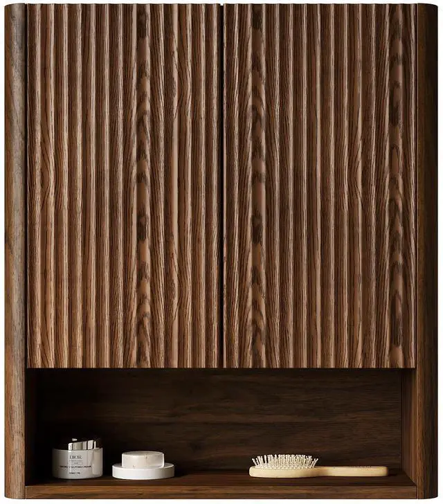 Main image of ZULA 26" Wall-Mounted Striped Bathroom Cabinet, with Doors, Shelf and Open Storage Compartment Over The Toilet Storage Cabinet for Bathroom, Kitchen, Laundry Room, Dark Walnut Woodgrain Color Finish