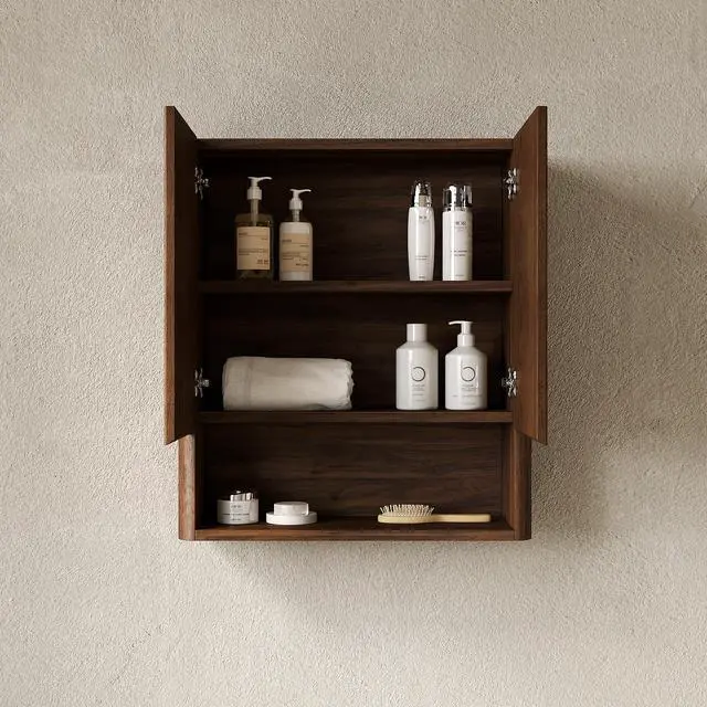 Alt view image 2 of 5 - ZULA 26" Wall-Mounted Striped Bathroom Cabinet, with Doors, Shelf and Open Storage Compartment Over The Toilet Storage Cabinet for Bathroom, Kitchen, Laundry Room, Dark Walnut Woodgrain Color Finish