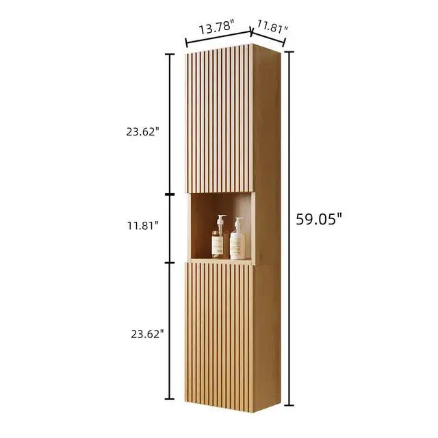 Alt view image 5 of 7 - MITCH 59" Tall Bathroom Wall Mounted Cabinet, Narrow Storage Cabinet with Doors and Shelves, Suitable for Small Spaces, Applicable to Bathroom, Living Rooms and Laundry, Corolla Oak Woodgrain Color