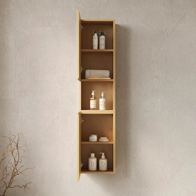 Alt view image 4 of 7 - MITCH 59" Tall Bathroom Wall Mounted Cabinet, Narrow Storage Cabinet with Doors and Shelves, Suitable for Small Spaces, Applicable to Bathroom, Living Rooms and Laundry, Corolla Oak Woodgrain Color