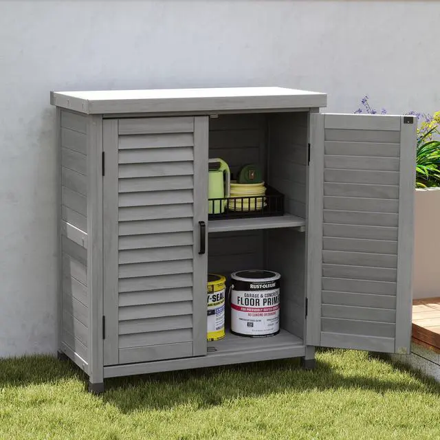 Alt view image 2 of 7 - Potting Bench with Storage Cabinet and Metal Table Top for Outdoor Patio, Garden Furniture Wood Workstation Grey 31.5x17x36''