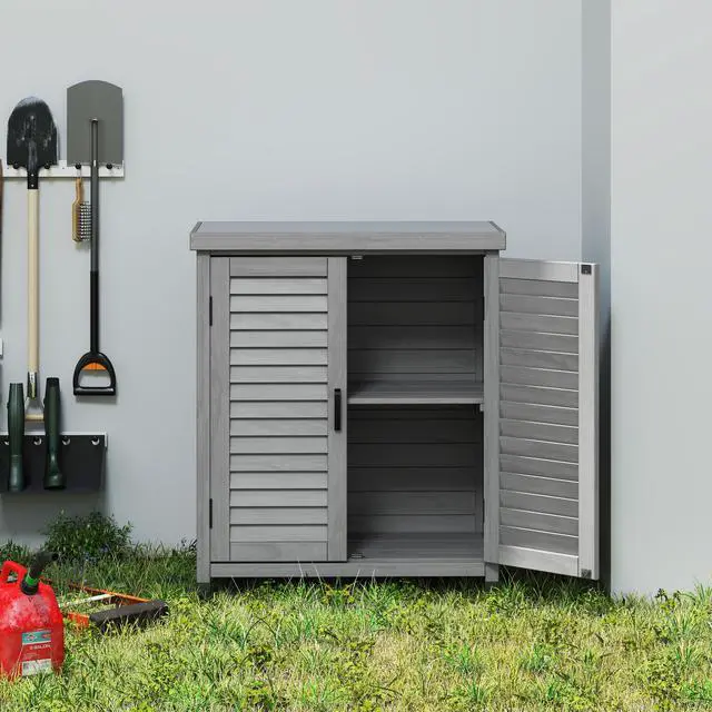 Alt view image 6 of 7 - Potting Bench with Storage Cabinet and Metal Table Top for Outdoor Patio, Garden Furniture Wood Workstation Grey 31.5x17x36''