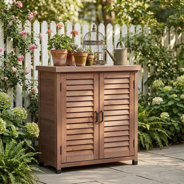 Alt view image 2 of 7 - Potting Bench with Storage Cabinet and Metal Table Top for Outdoor Patio, Garden Furniture Wood Workstation Coffee 31.5x17x36''