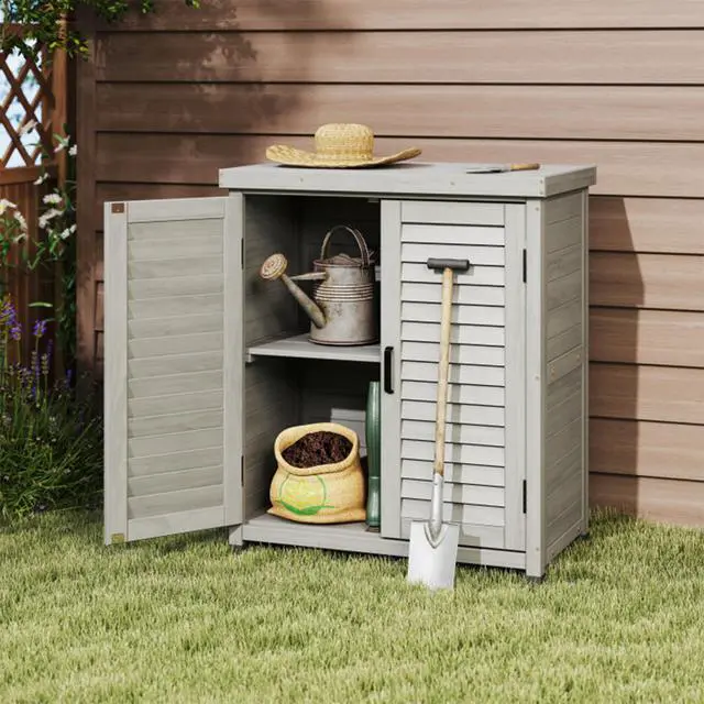 Alt view image 7 of 7 - Potting Bench with Storage Cabinet and Metal Table Top for Outdoor Patio, Garden Furniture Wood Workstation Grey 31.5x17x36''