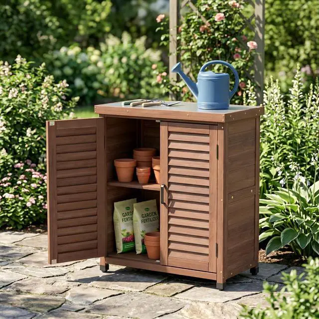 Alt view image 7 of 7 - Potting Bench with Storage Cabinet and Metal Table Top for Outdoor Patio, Garden Furniture Wood Workstation Coffee 31.5x17x36''