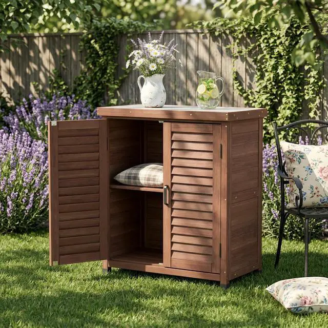 Alt view image 6 of 7 - Potting Bench with Storage Cabinet and Metal Table Top for Outdoor Patio, Garden Furniture Wood Workstation Coffee 31.5x17x36''