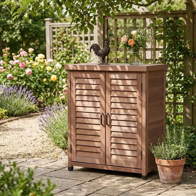 Alt view image 4 of 7 - Potting Bench with Storage Cabinet and Metal Table Top for Outdoor Patio, Garden Furniture Wood Workstation Coffee 31.5x17x36''