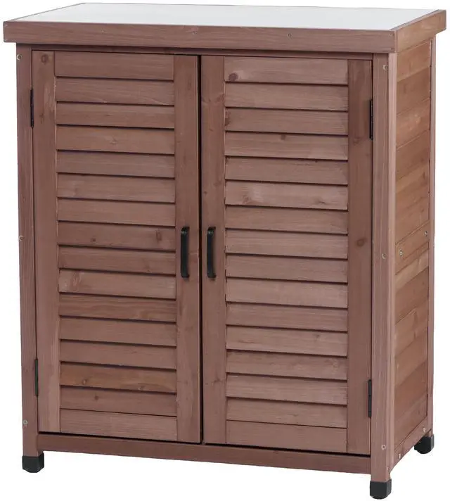 Main image of Potting Bench with Storage Cabinet and Metal Table Top for Outdoor Patio, Garden Furniture Wood Workstation Coffee 31.5x17x36''