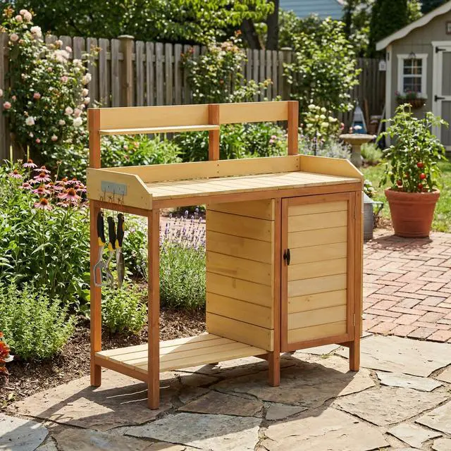 Alt view image 2 of 7 - Outdoor Wooden Potting Bench Table with Sink, Garden Table Work Bench with Storage, Workstation for Outside Patio Lawn