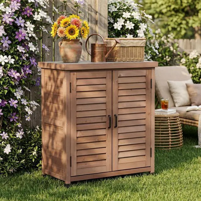 Alt view image 5 of 7 - Potting Bench with Storage Cabinet and Metal Table Top for Outdoor Patio, Garden Furniture Wood Workstation Coffee 31.5x17x36''