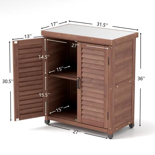 Alt view image 3 of 7 - Potting Bench with Storage Cabinet and Metal Table Top for Outdoor Patio, Garden Furniture Wood Workstation Coffee 31.5x17x36''