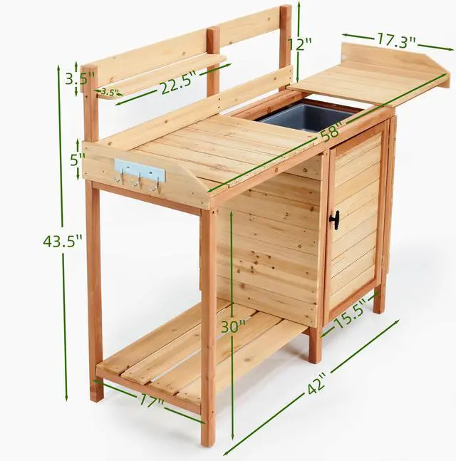 Alt view image 3 of 7 - Outdoor Wooden Potting Bench Table with Sink, Garden Table Work Bench with Storage, Workstation for Outside Patio Lawn